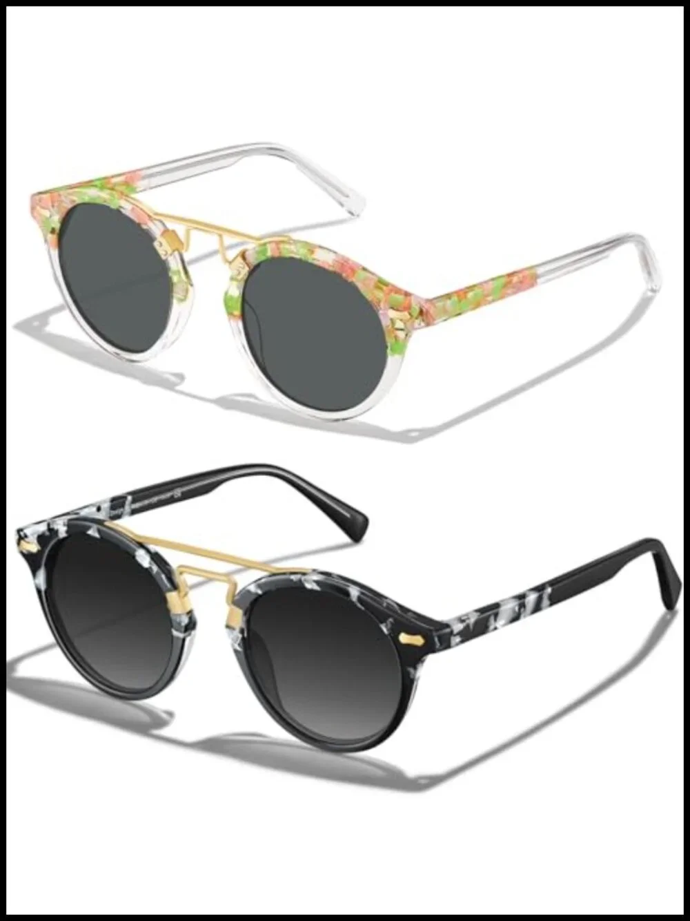 Vintage Retro Round Acetate Sunglasses with Metal Brow Polarized UV Protection